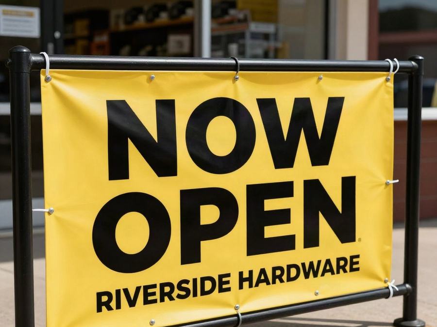 Yellow Now Open vinyl banner hung outside a hardware store