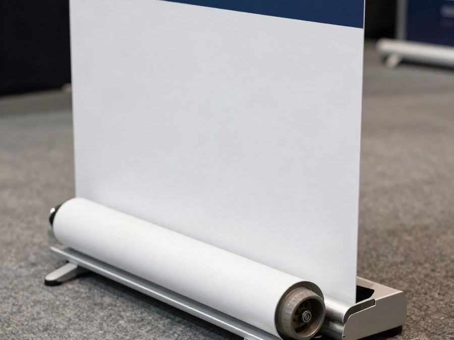 Retractable banner base with the print rolled out of the aluminum cassette