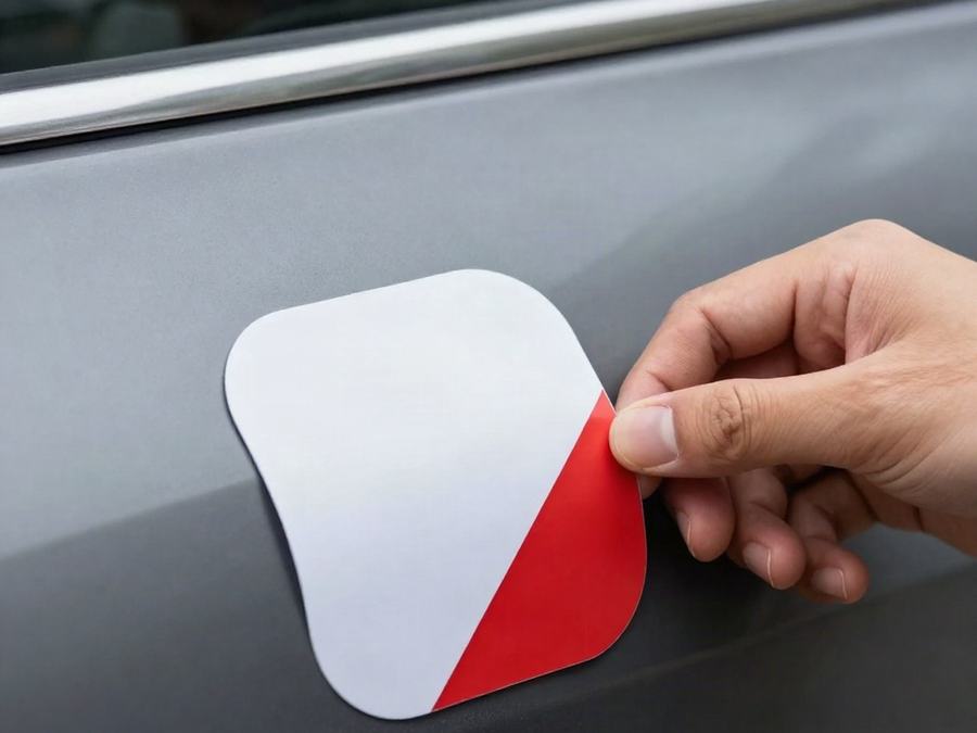 Hand peeling back the corner of a rounded car magnet