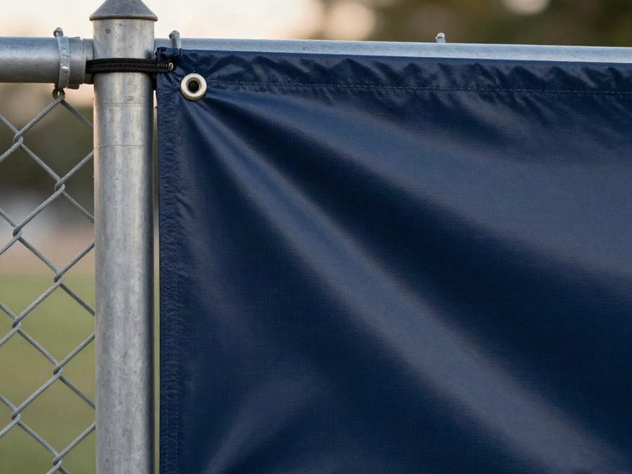 Close-up of a vinyl banner zip-tied to a chain-link fence through grommets