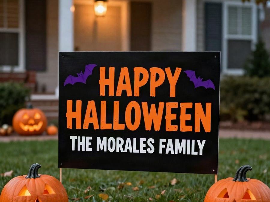 Happy Halloween family name yard sign with pumpkins