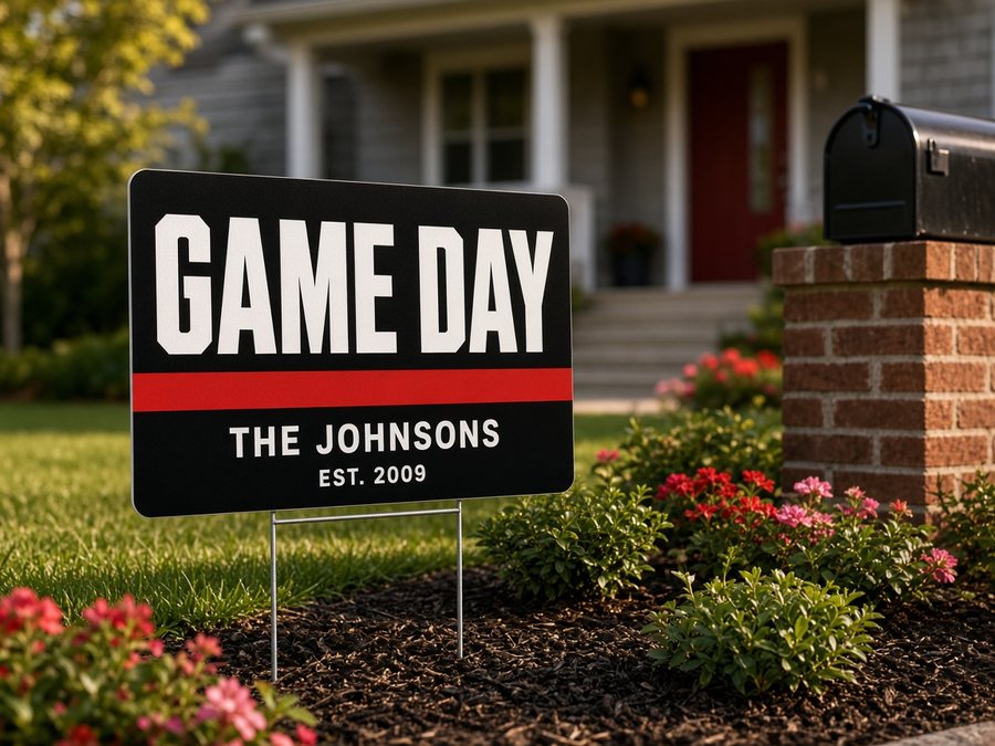 Black and red GAME DAY family name yard sign in a front yard
