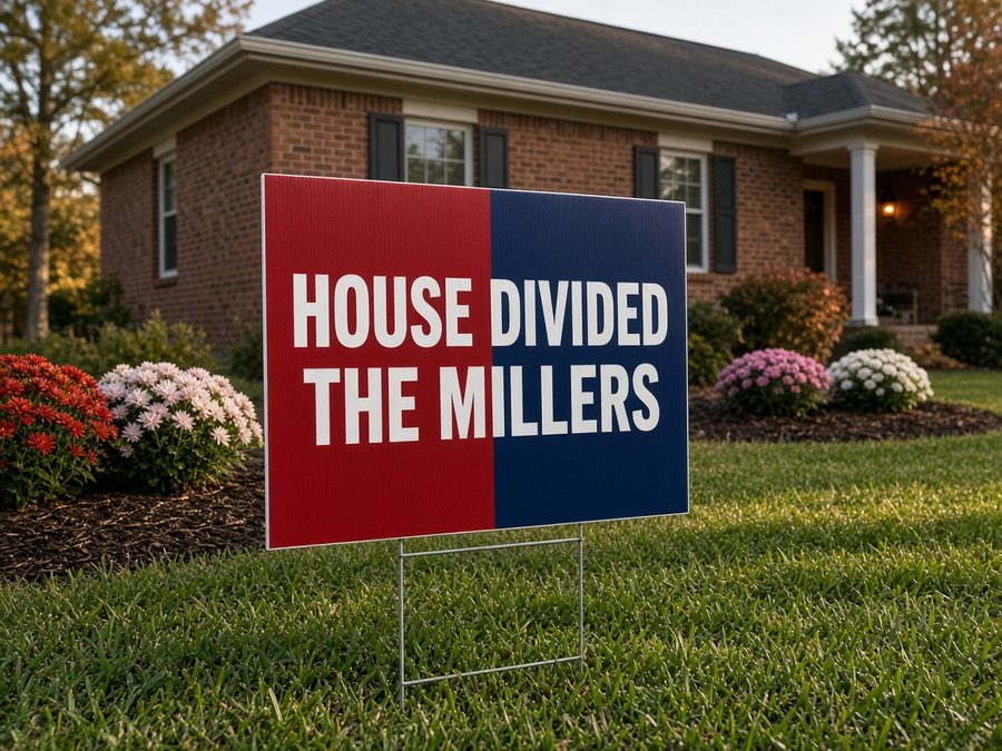 HOUSE DIVIDED yard sign split into a crimson half and a navy half