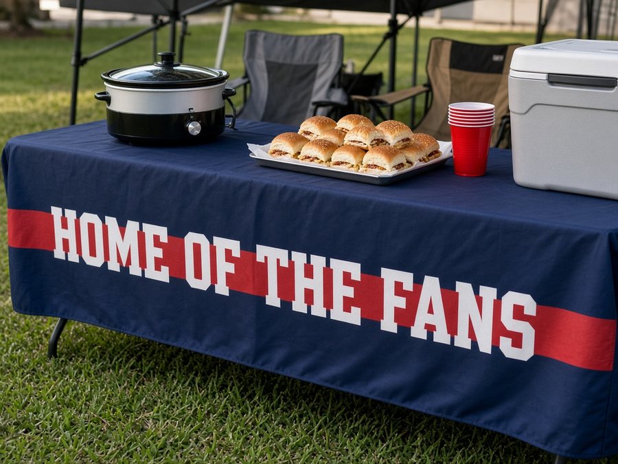 Navy table throw with a red band and HOME OF THE FANS at a tailgate