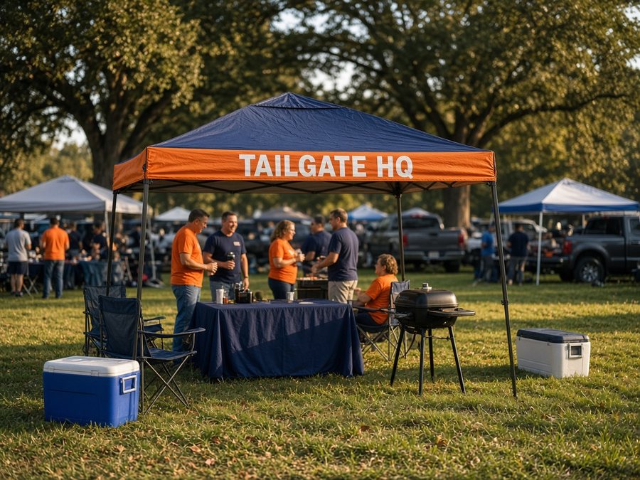 Navy canopy tent with an orange TAILGATE HQ valance at a tailgate