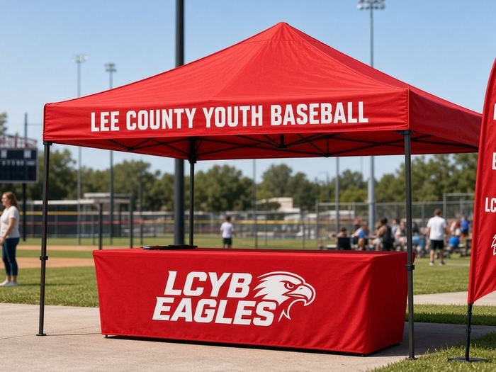 Custom canopy tent and table throw at a youth baseball sign-up