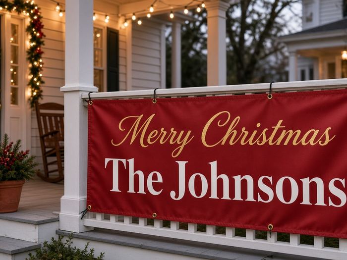 Personalized Christmas family name banner on a porch